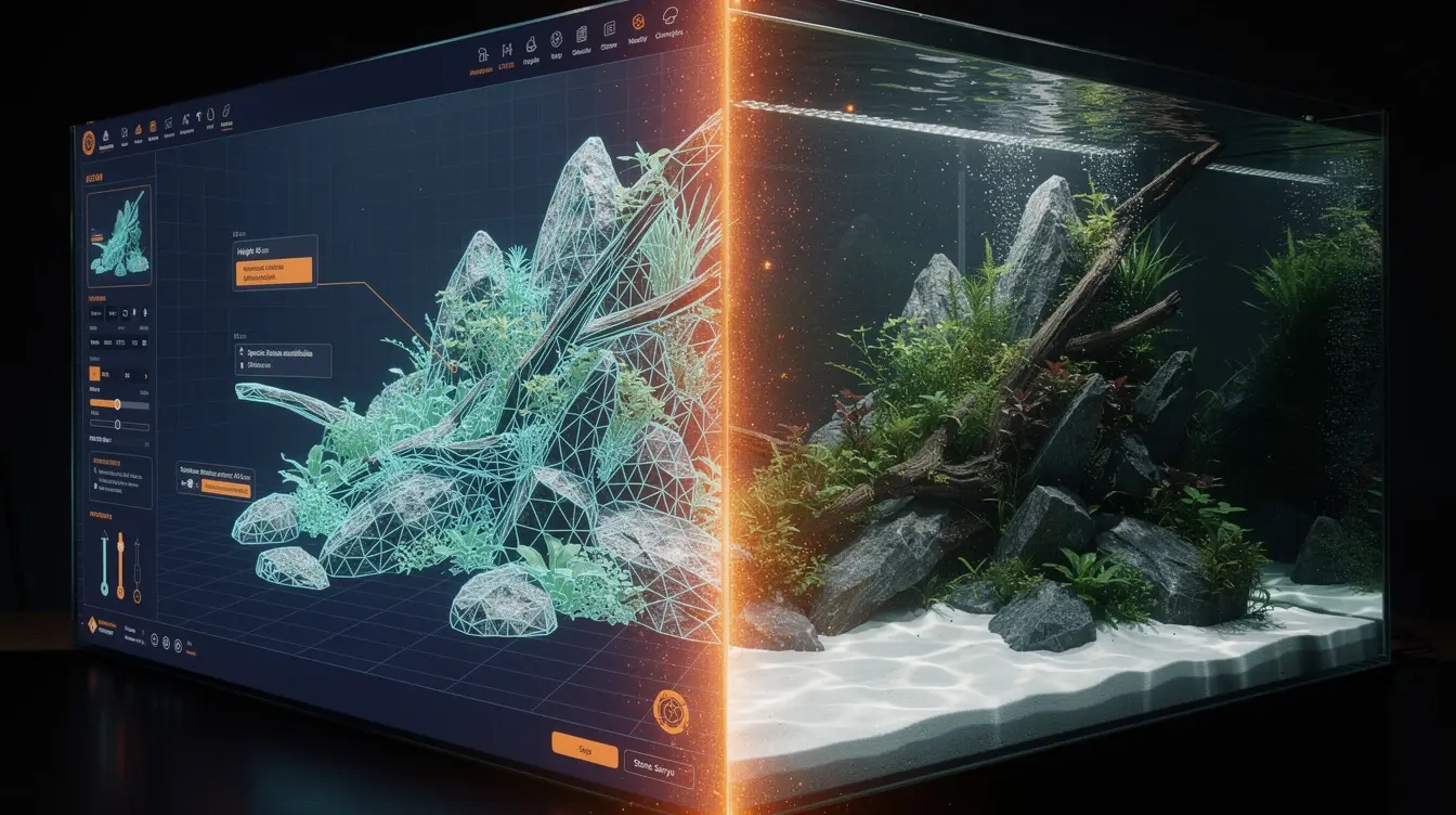 ShrimpSpin 3D Aquascape-Planer: Digitaler Zwilling eines Aquariums — links als 3D-Wireframe, rechts als fotorealistisches Aquascape