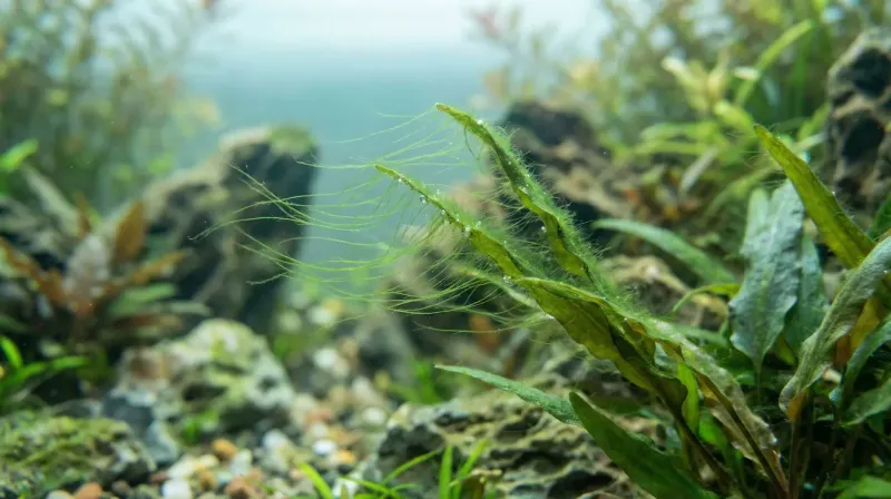 Grüne Fadenalgen auf Aquarienpflanzen-Blättern in Nahaufnahme