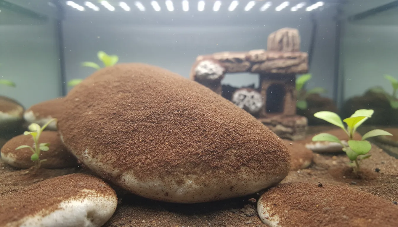 Brauner Kieselalgenbelag auf Steinen und Dekoration in einem neuen Aquarium