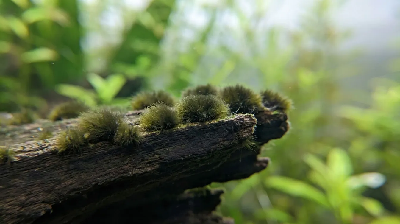 Pinselalgen (Rotalgen) als dunkle Büschel an einer Aquarienwurzel