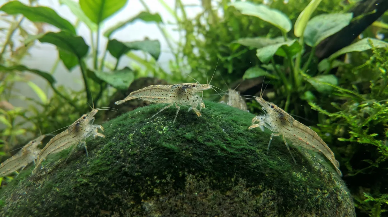 Amano-Garnelen beim aktiven Abweiden von Grünalgen auf einem Stein