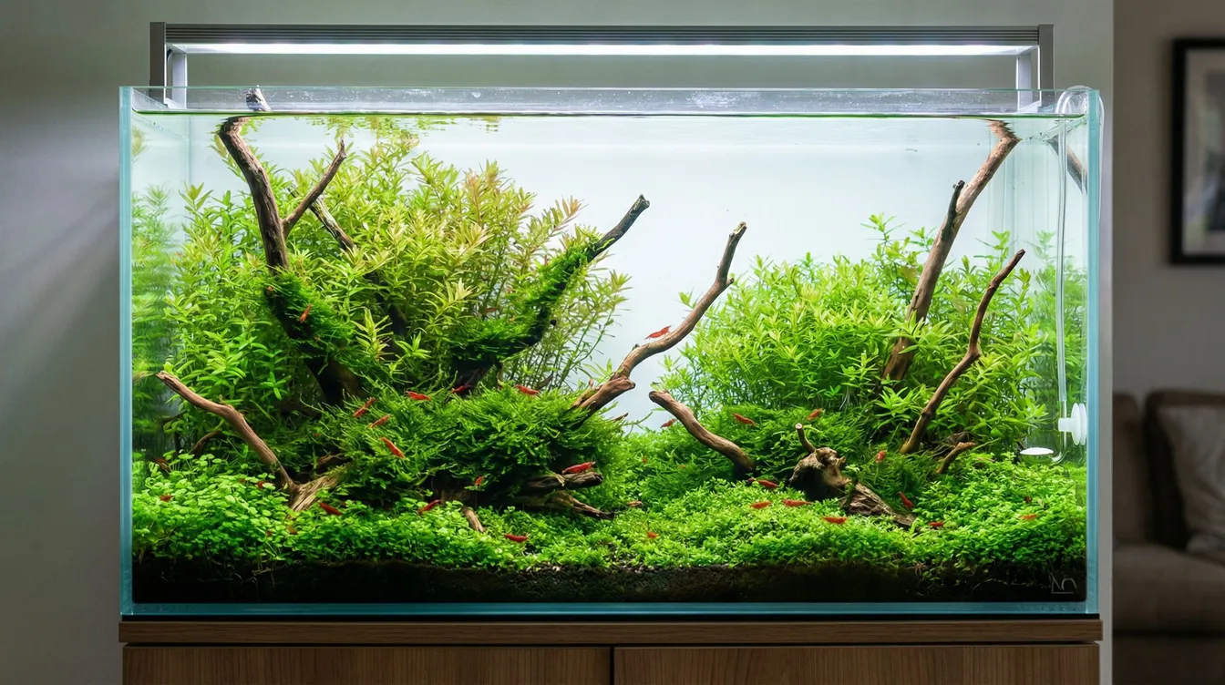 Gesundes algenfreies Pflanzenaquarium mit Garnelen als Ergebnis guter Pflege