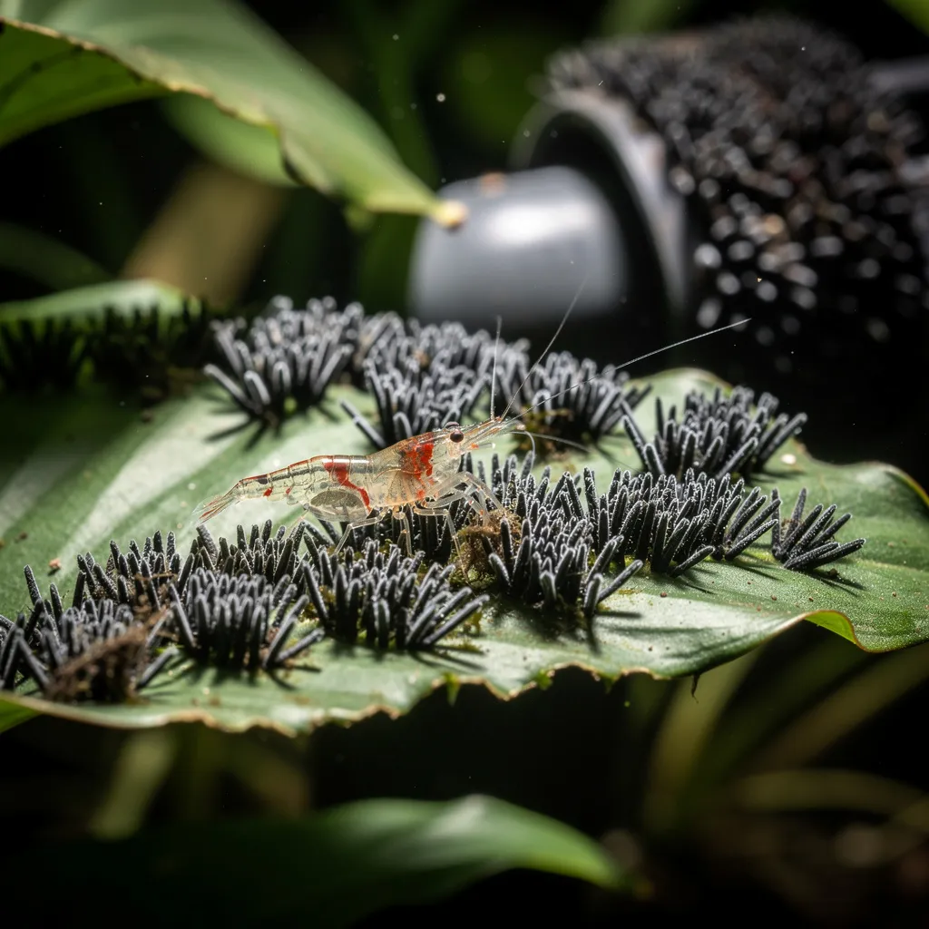 Pinselalgen-Befall auf Anubias-Blattrand und Filterauslass — Garnelen fressen diese Rotalgen nicht