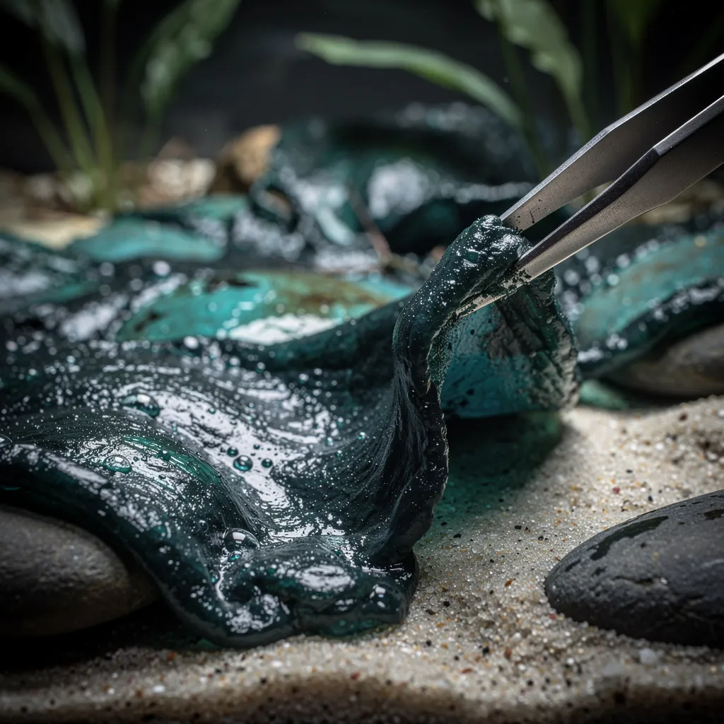 Cyanobakterien-Befall: schleimiger blaugrüner Belag wird als zusammenhängende Matte abgezogen