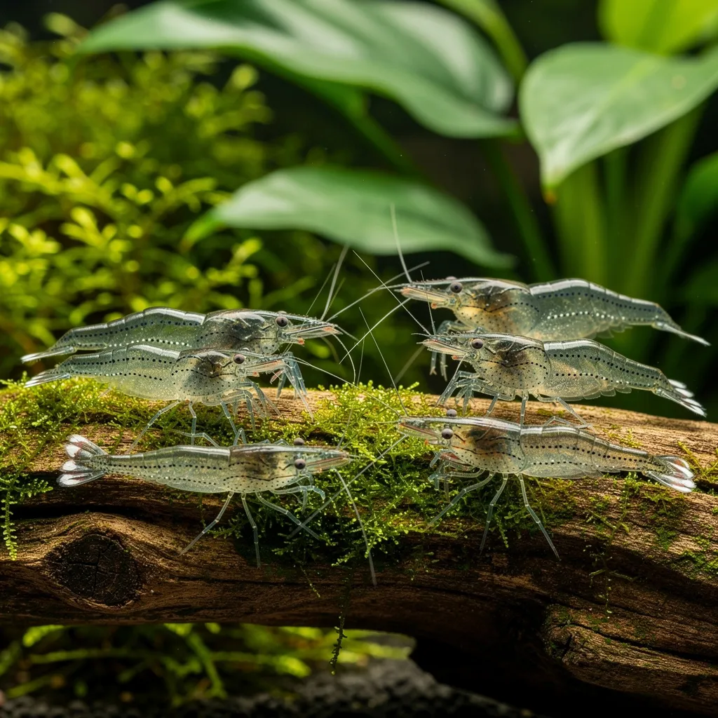 Gruppe Amano-Garnelen beim gemeinsamen Abweiden von Algen auf einer Wurzel im Aquarium