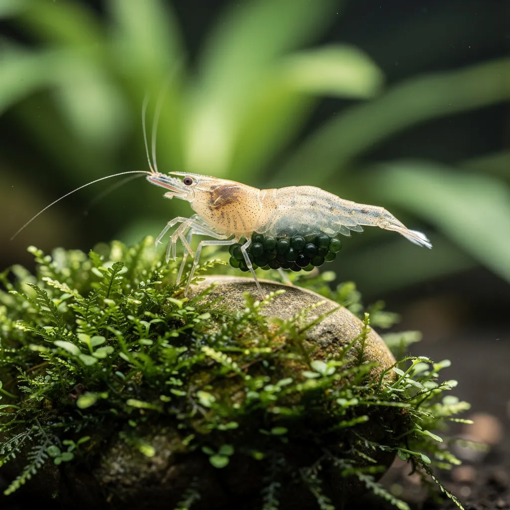 Weibliche Amano-Garnele mit gut sichtbarem Eipaket am Bauch auf einem Stein