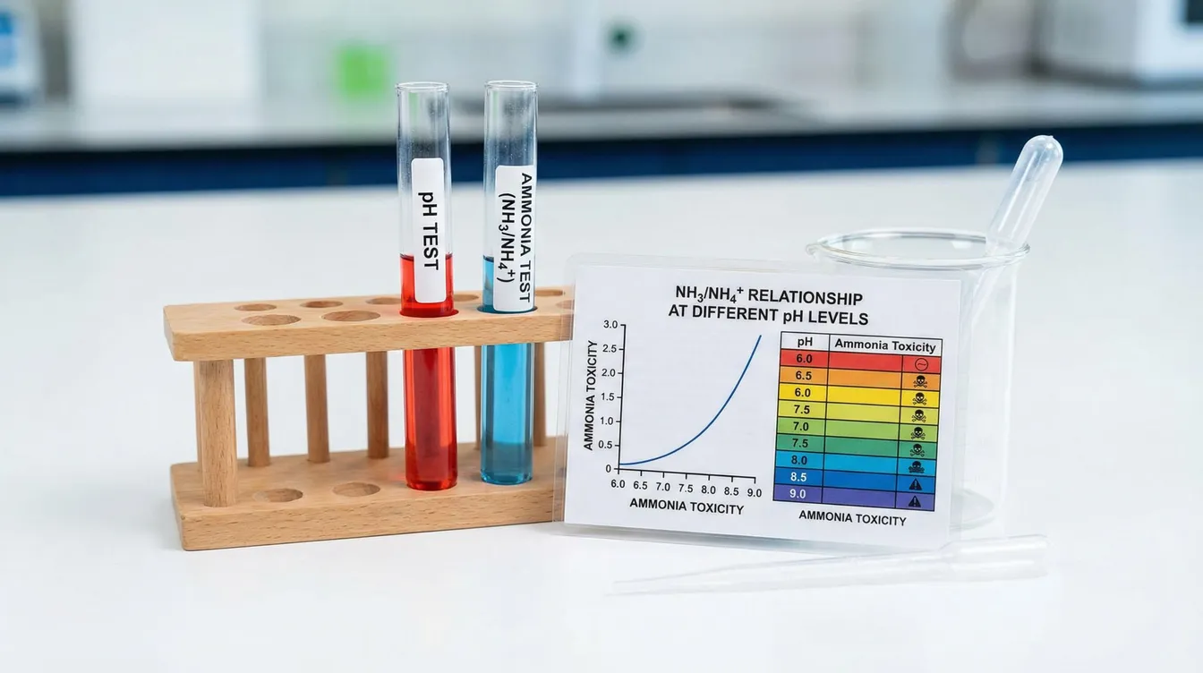 pH- und Ammoniak-Tests nebeneinander mit Umrechnungstabelle NH3/NH4