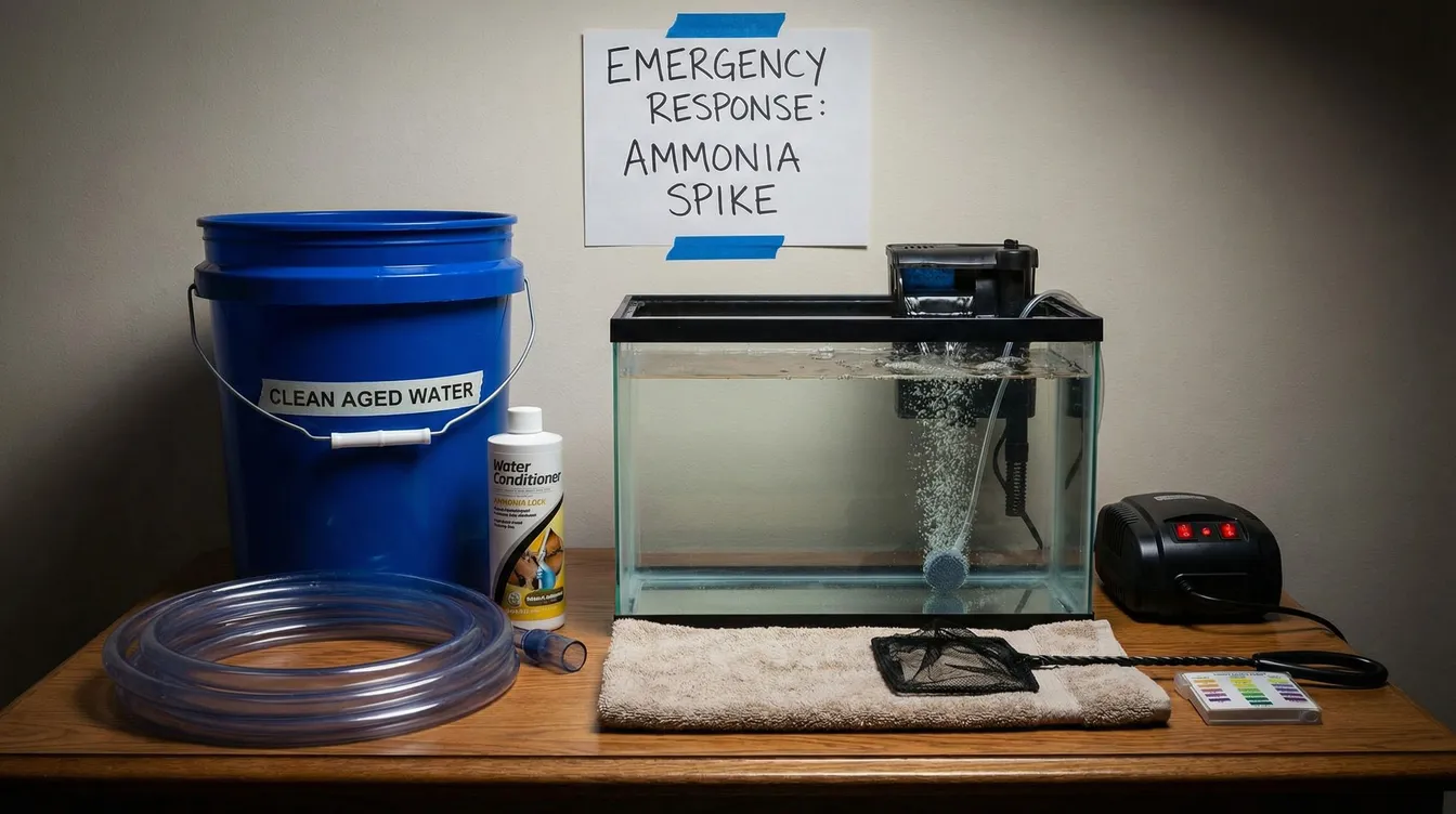 Notfall-Ausrüstung für Ammoniak-Krise: vorbereitetes Wasser, Schlauch und Belüfter