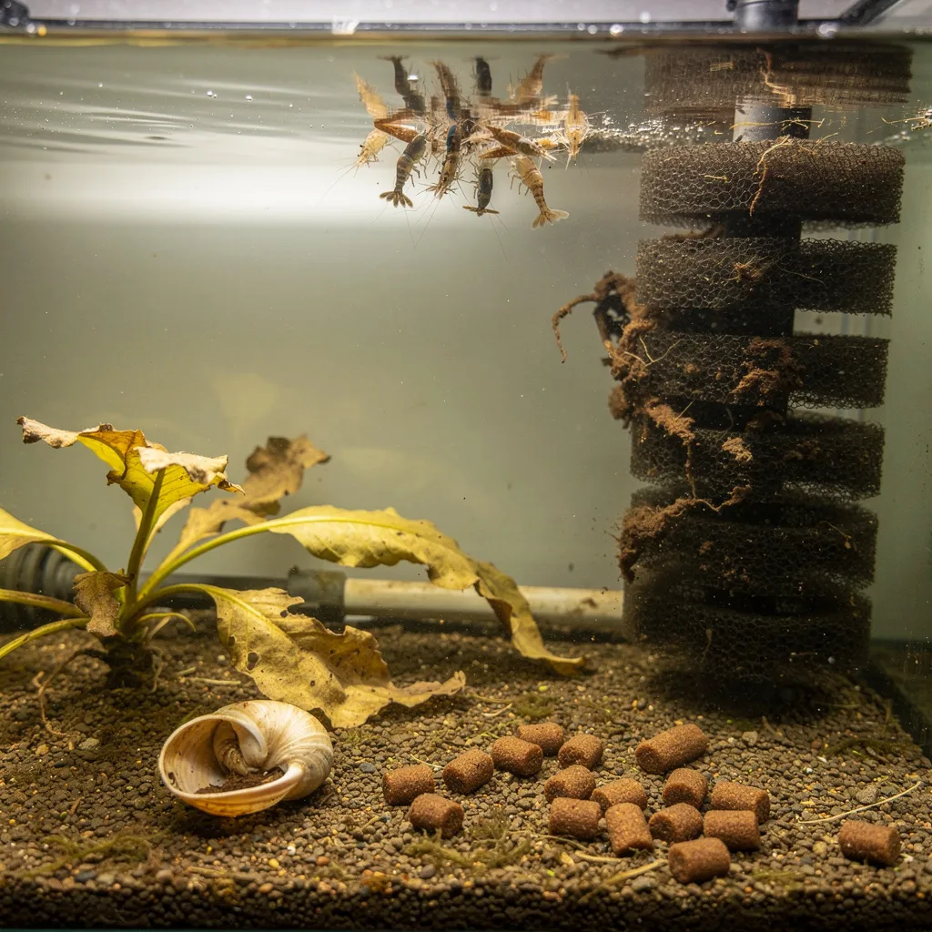 Ammoniakquellen im Aquarium: Futterreste, zersetzende Blätter, tote Schnecke und trübes Wasser