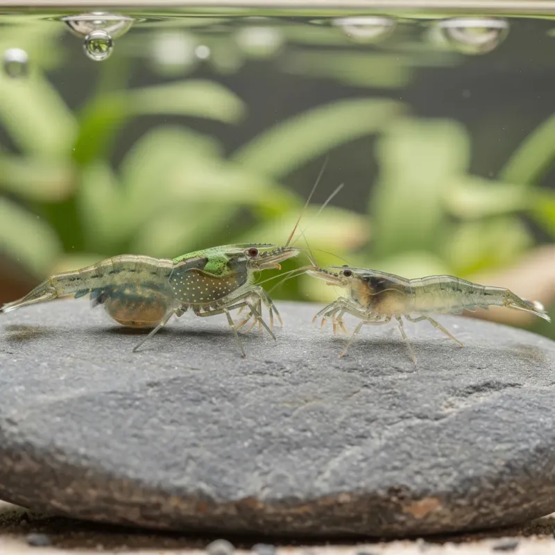 Vergleich männliche und weibliche Neocaridina: größeres Weibchen mit Sattelfleck neben schlankem Männchen