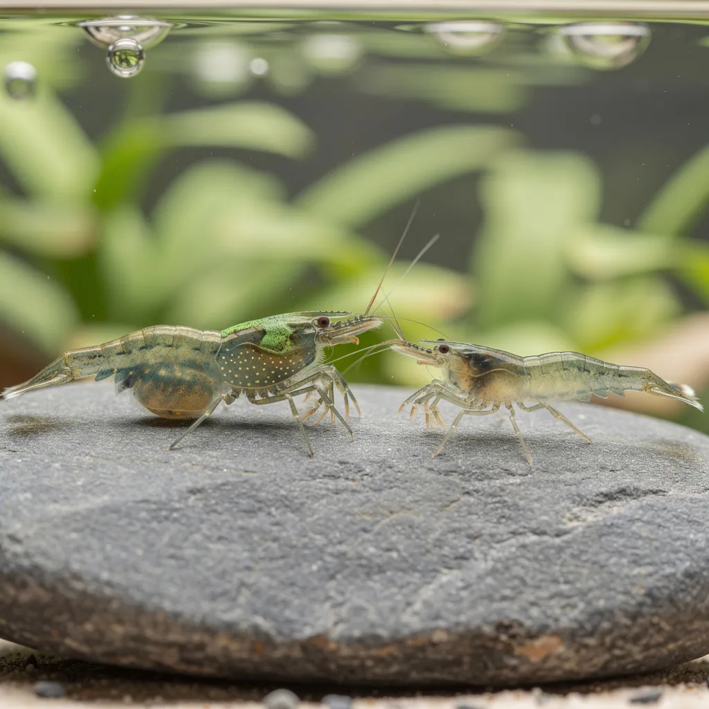 Vergleich männliche und weibliche Neocaridina: größeres Weibchen mit Sattelfleck neben schlankem Männchen