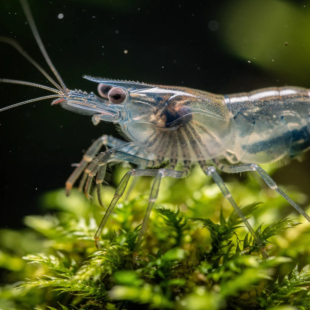 Extremmakro eines Garnelenkopfes mit Facettenaugen, langen Antennen und Antennulen auf grünem Moos