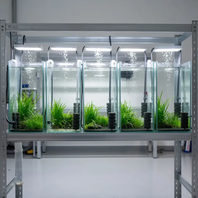 Professionelle Garnelenzuchtanlage mit mehreren Aquarien verschiedener Farbschläge in Metallregalen