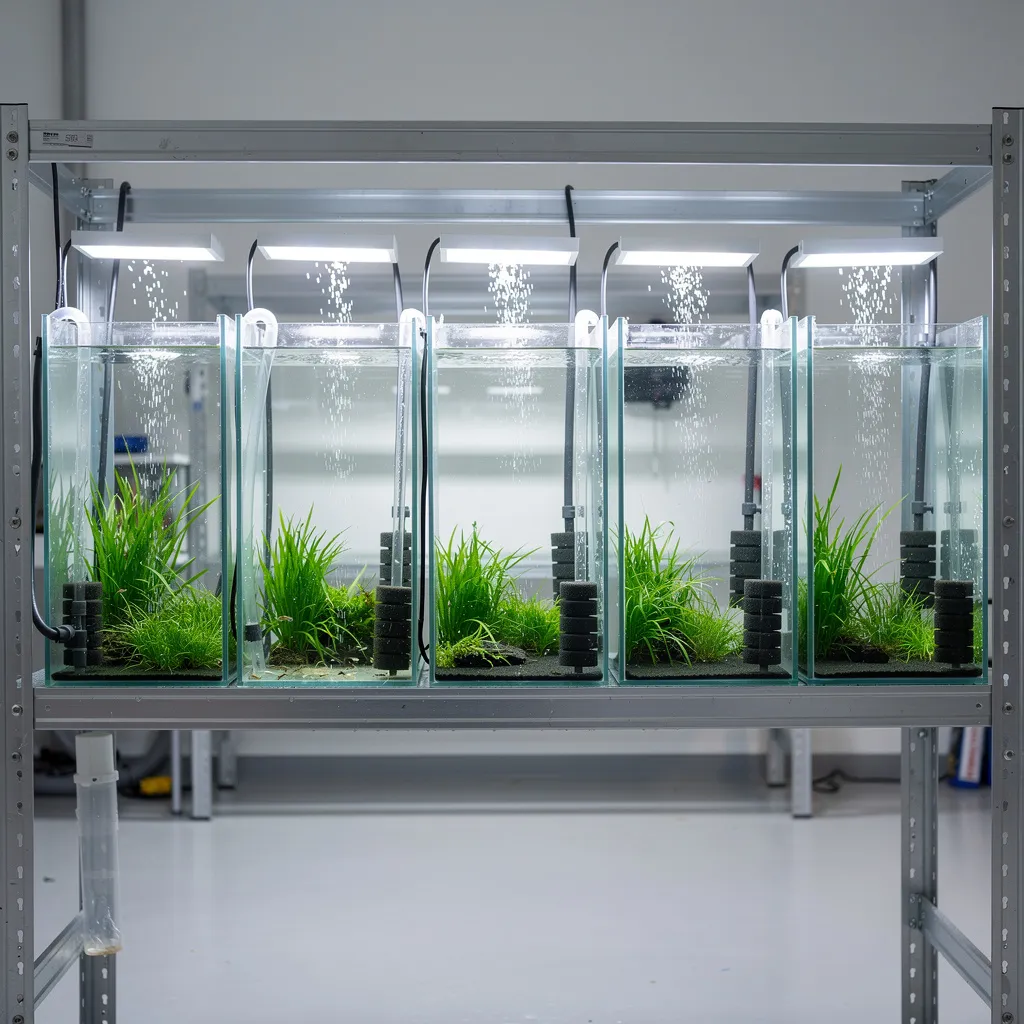 Professionelle Garnelenzuchtanlage mit mehreren Aquarien verschiedener Farbschläge in Metallregalen