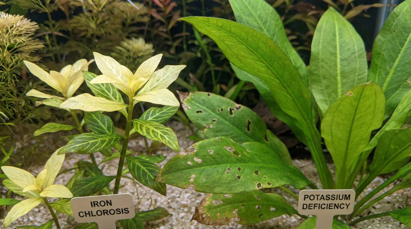 Nährstoffmangel-Symptome an Aquarienpflanzen: gelbe Blaetter und Loecher