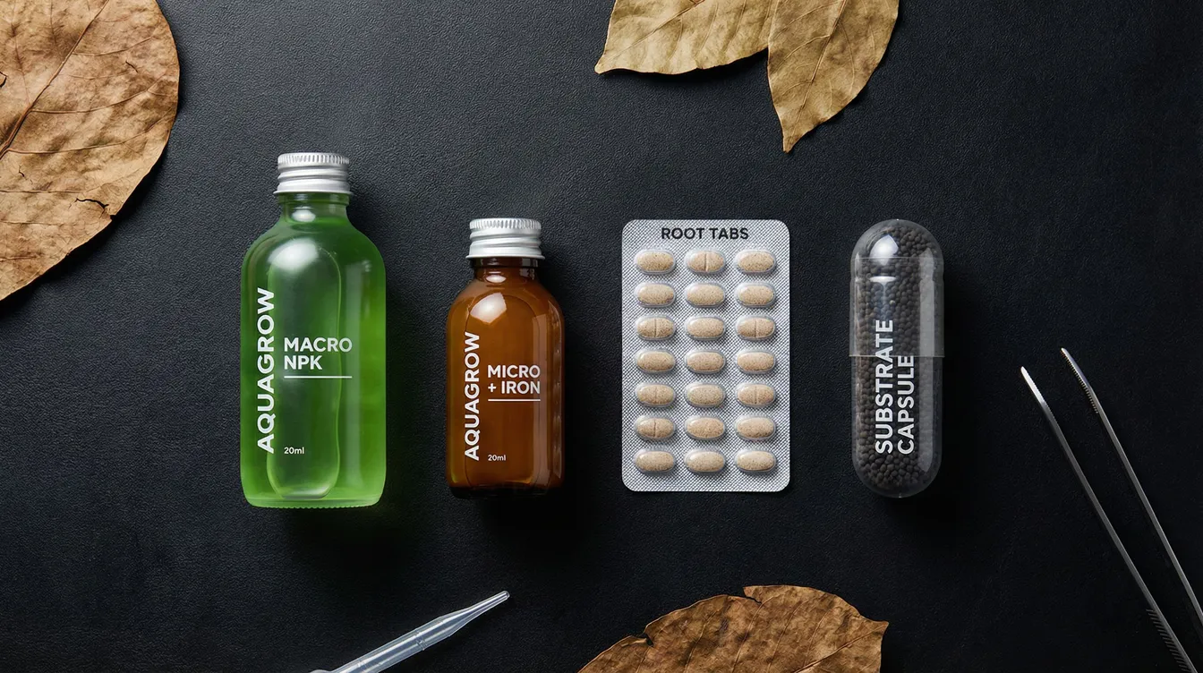 Verschiedene Düngertypen für Aquarienpflanzen: Fluessig, Wurzeltabs und Kapseln