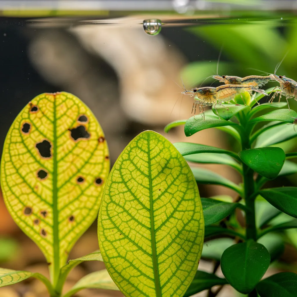 Nährstoffmangel-Symptome: Blatt mit Chlorose und Eisenmangel neben gesunder Pflanze mit Garnele