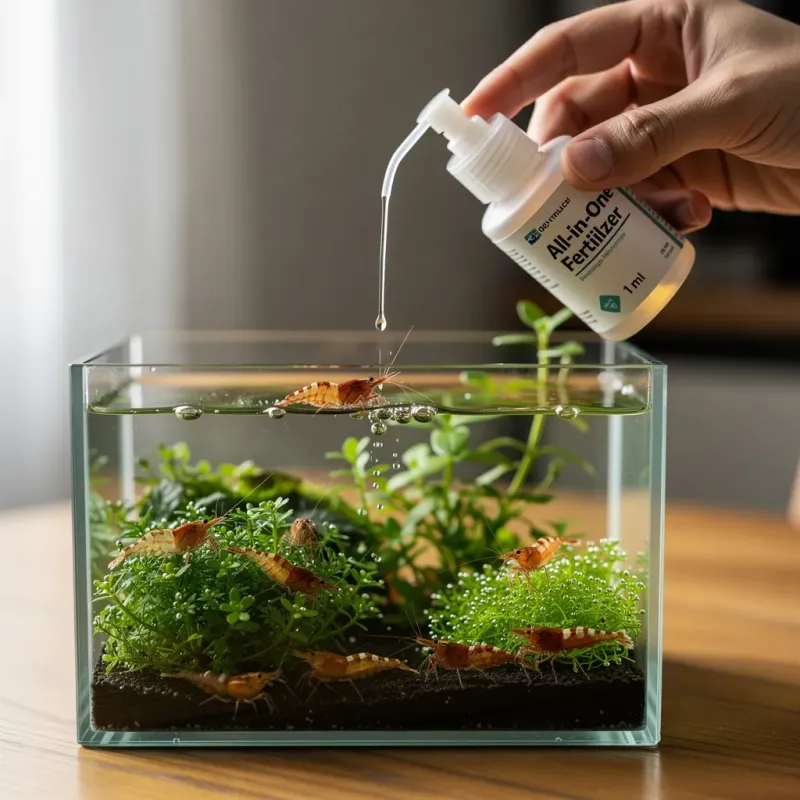 Garnelensichere Düngerdosierung: Hand gibt Flüssigdünger per Dosierpumpe ins bepflanzte Nano-Becken