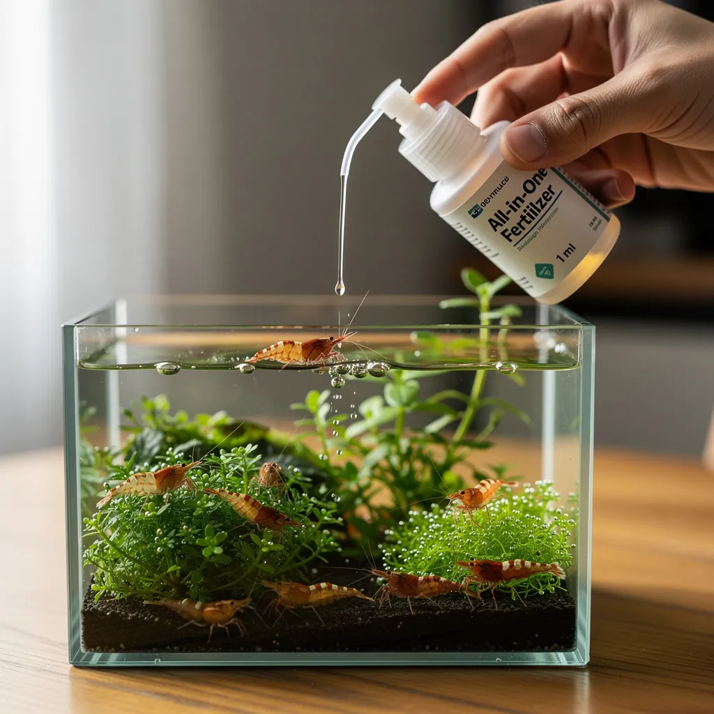 Garnelensichere Düngerdosierung: Hand gibt Flüssigdünger per Dosierpumpe ins bepflanzte Nano-Becken