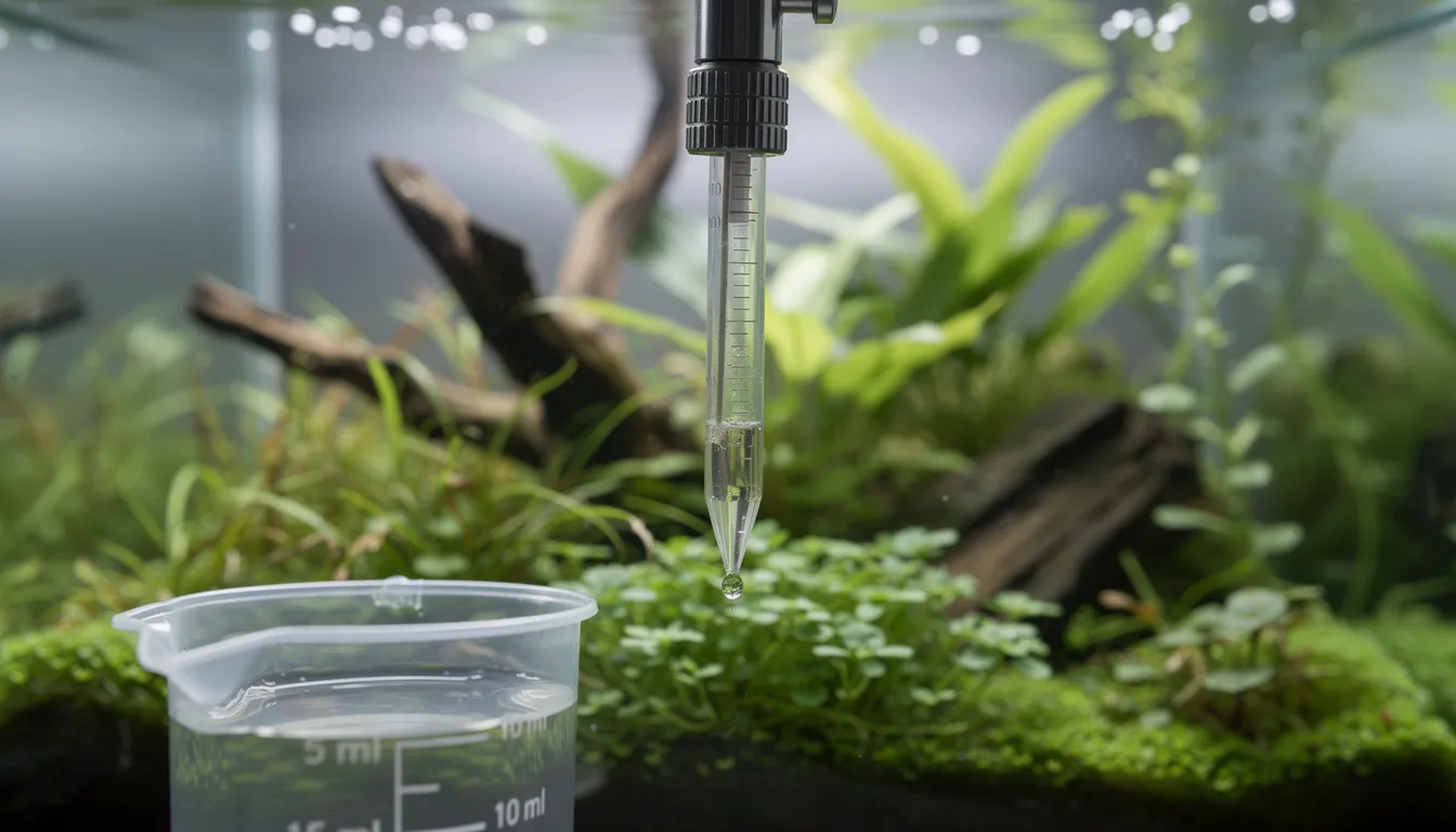 Praezise Düngerdosierung mit Pipette ins Aquarium, Messbecher daneben