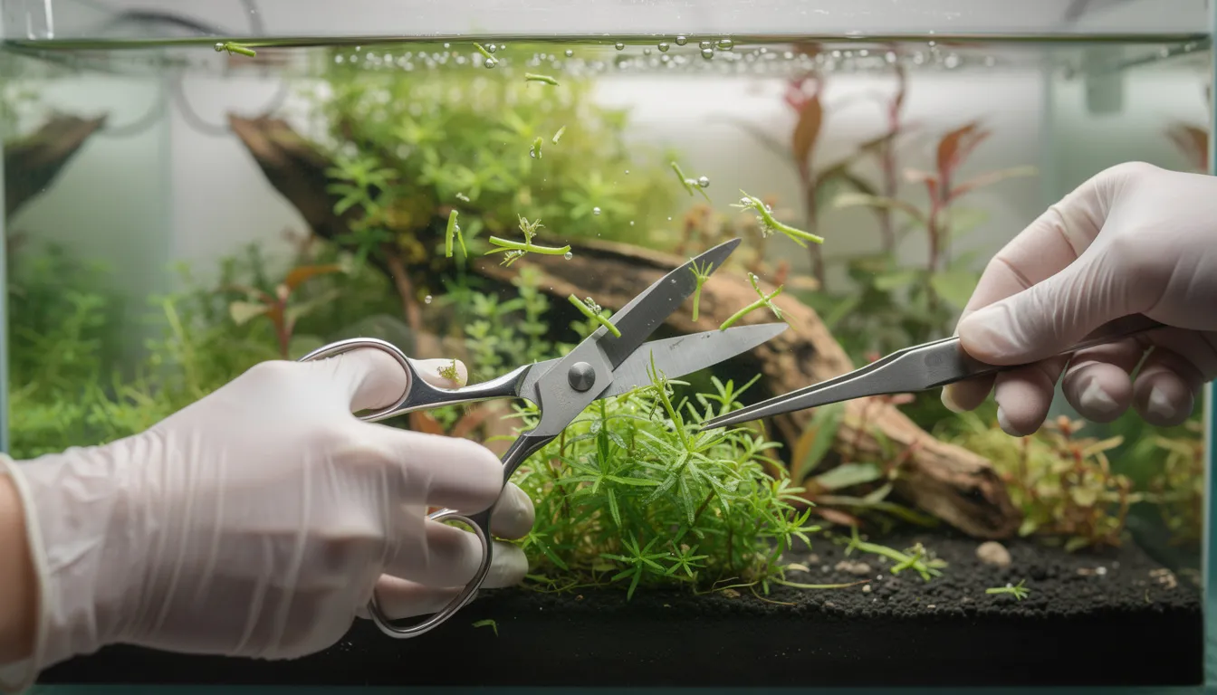 Aquarienpflanzen-Pflege: Stengelpflanzen werden mit gebogener Schere getrimmt