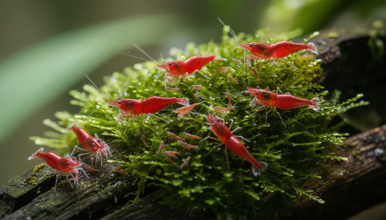 Garnelen auf dichtem Javamoos-Polster, Baby-Garnelen zwischen den Moosfaeden sichtbar