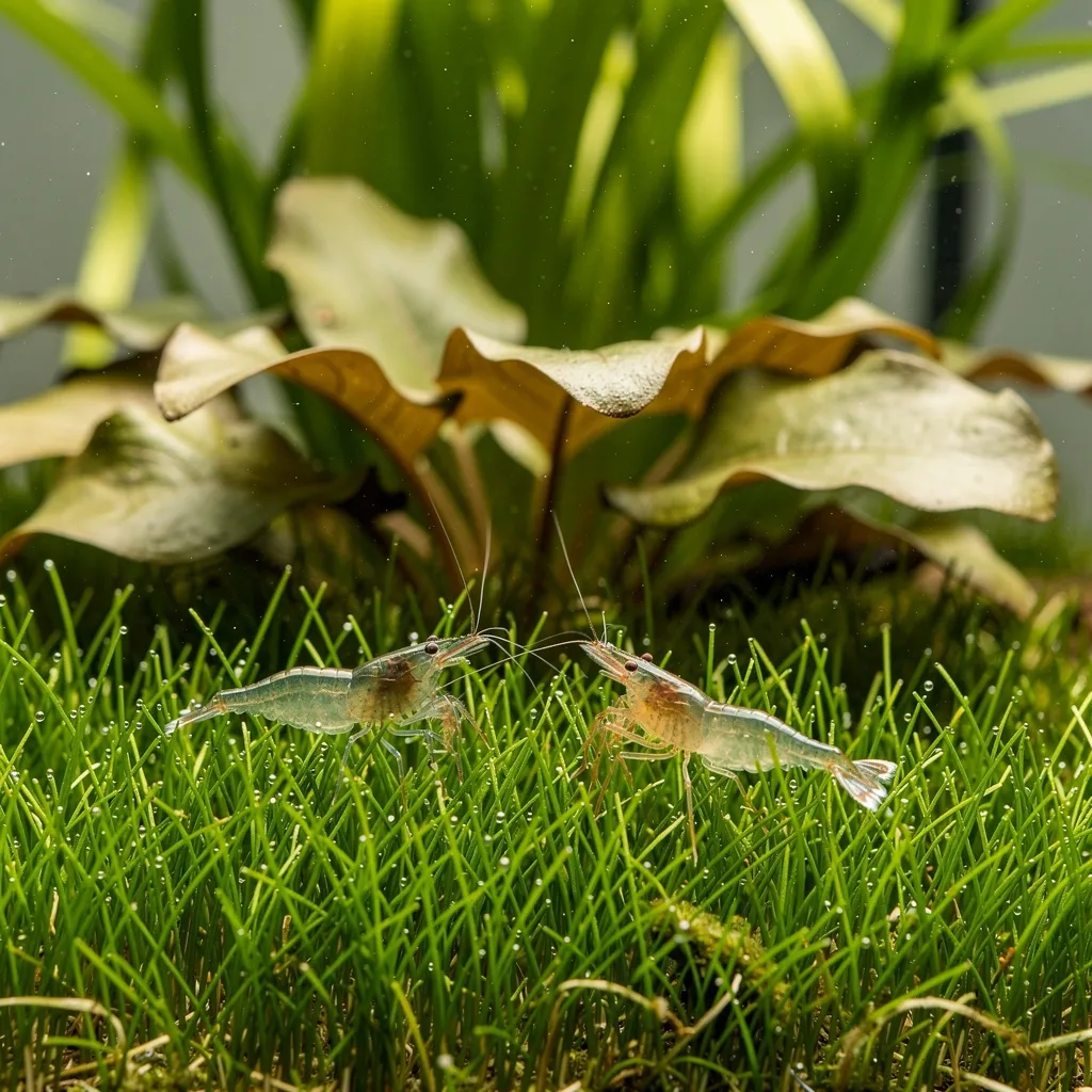 Bepflanztes Aquarium mit Bodendecker, Cryptocorynen und Vallisnerien, Garnelen auf Eleocharis-Halmen