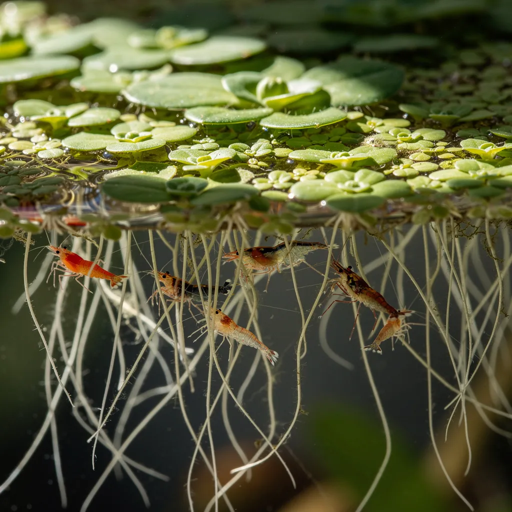 Draufsicht auf Schwimmpflanzen mit hängenden Wurzeln, Garnelen fressen Biofilm an den Wurzeln