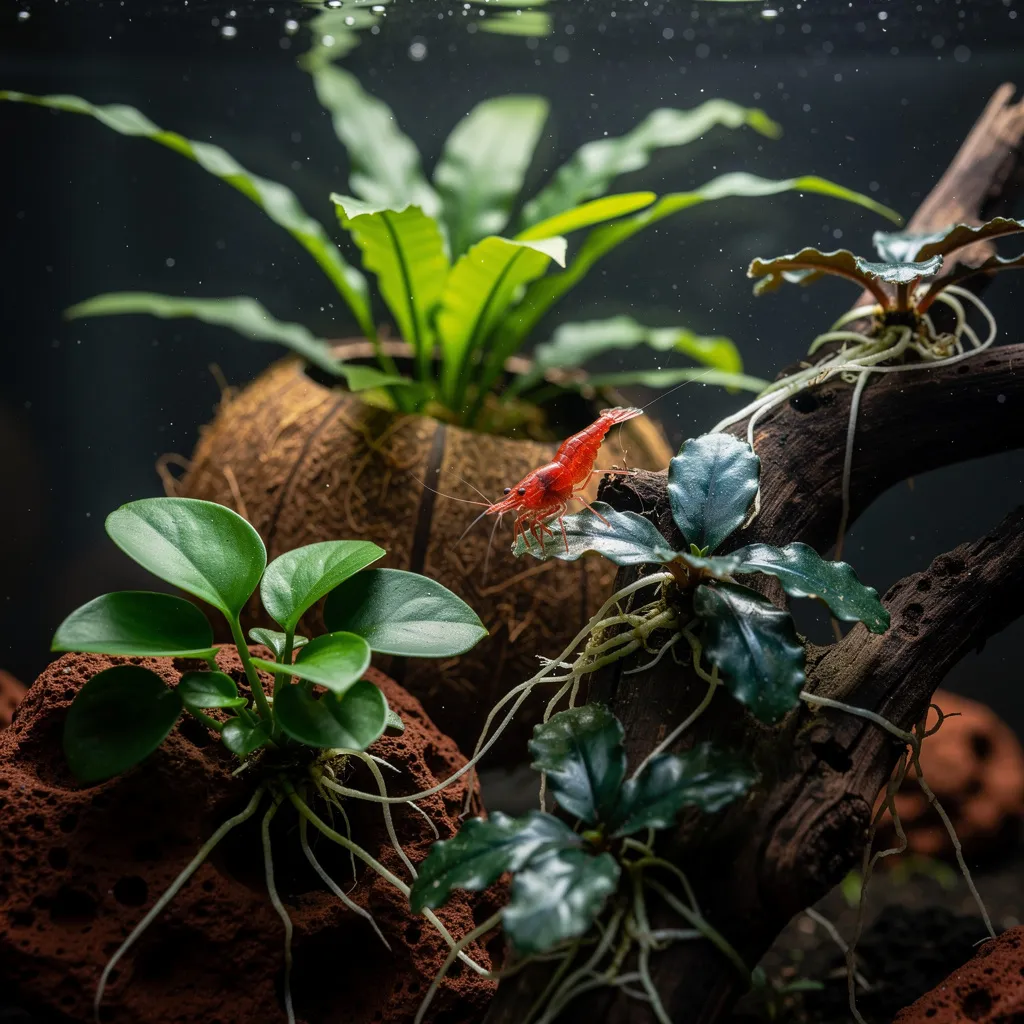 Aufsitzerpflanzen auf Hardscape: Anubias auf Lavastein, Bucephalandra auf Wurzel, Javafarn auf Kokosnuss