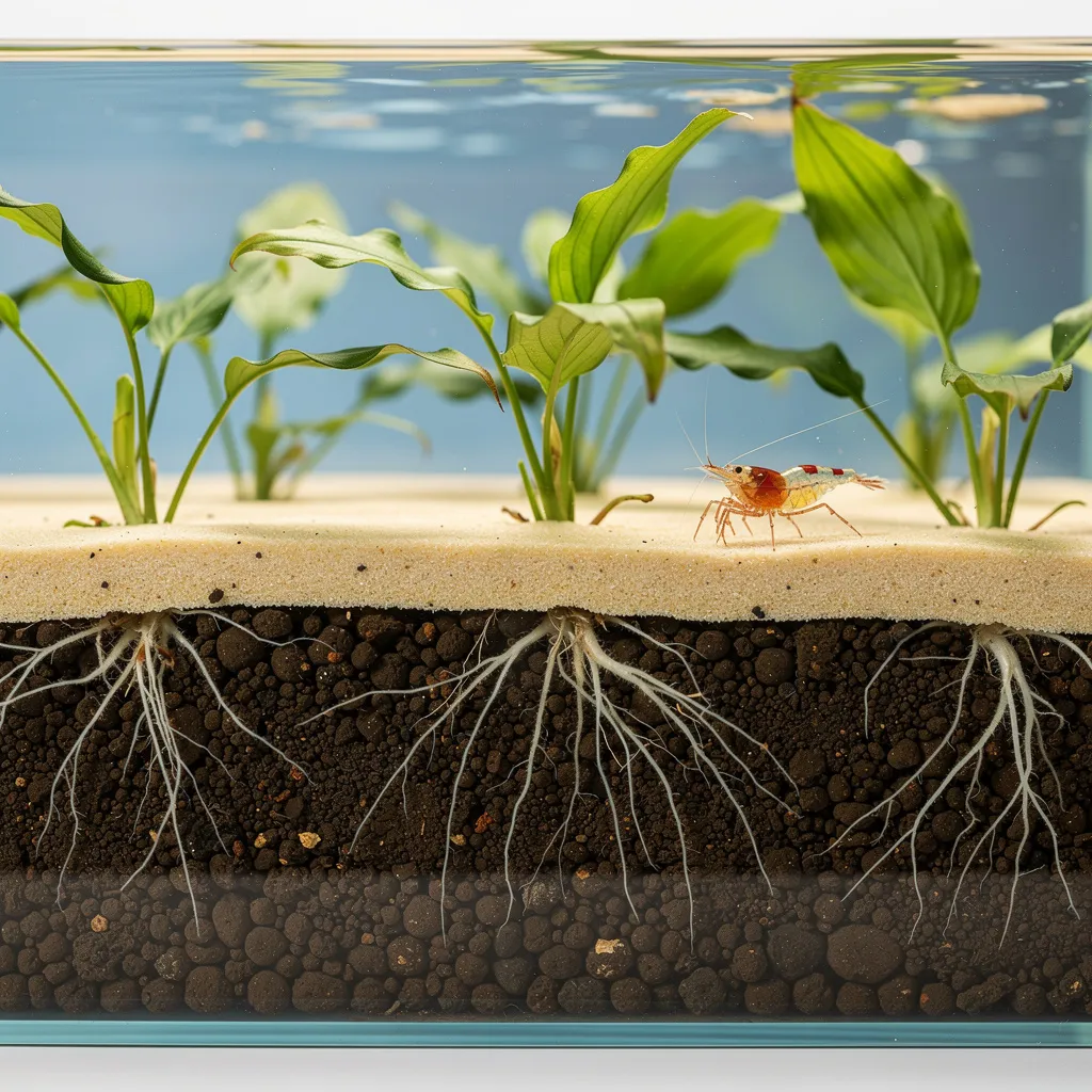 Querschnittansicht Aquariensubstrat: Soil-Schicht unter Sandkappe mit durchwurzelnden Cryptocorynen