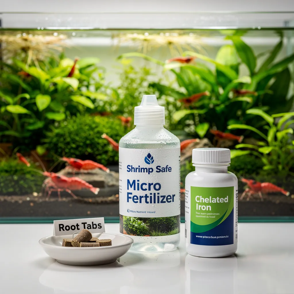 Garnelensichere Aquariendünger: Flüssigdünger, Düngekapseln und Eisenpräparat vor bepflanztem Becken