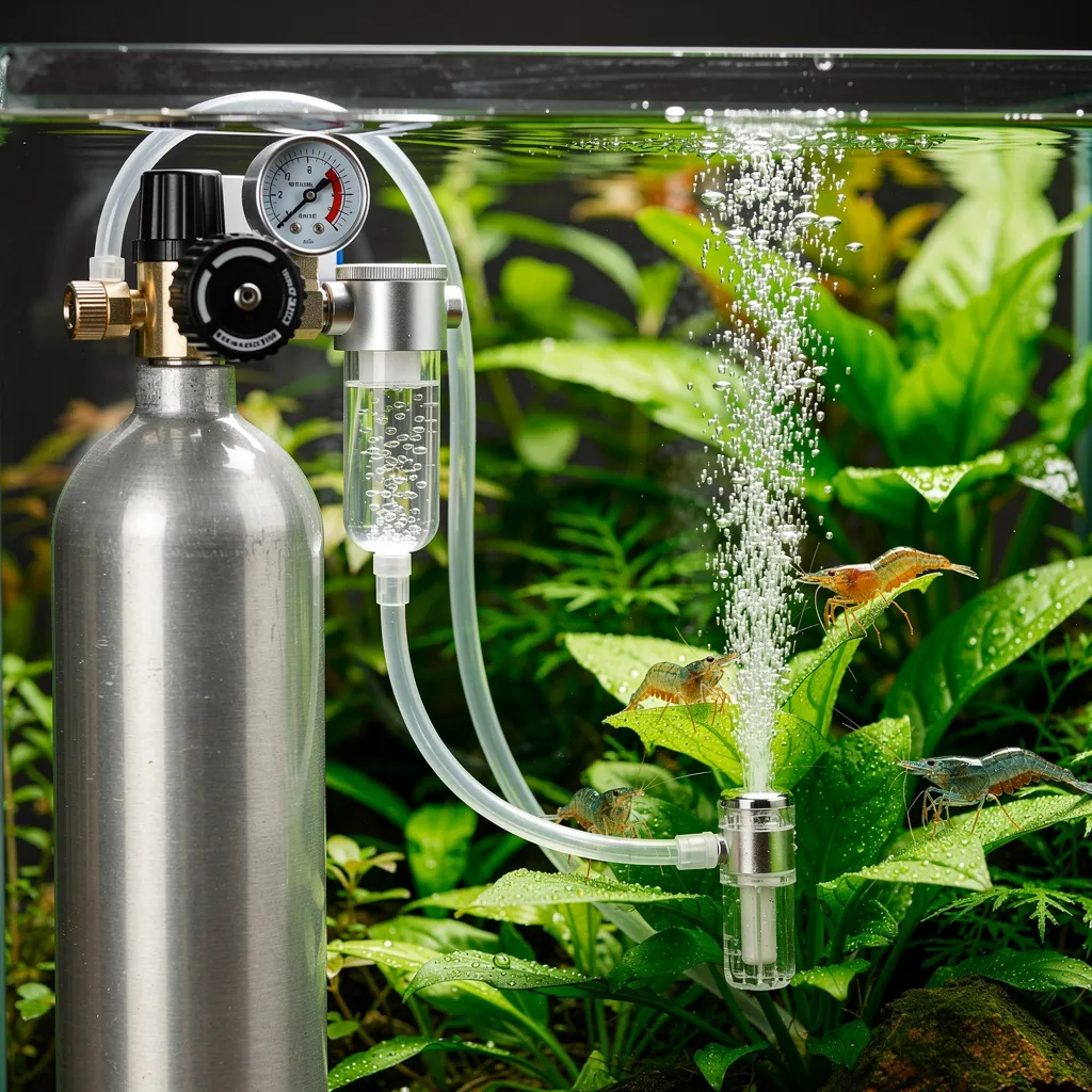 CO2-Anlage mit Druckflasche, Blasenzähler und Glasdiffusor im dicht bepflanzten Aquarium mit Garnelen