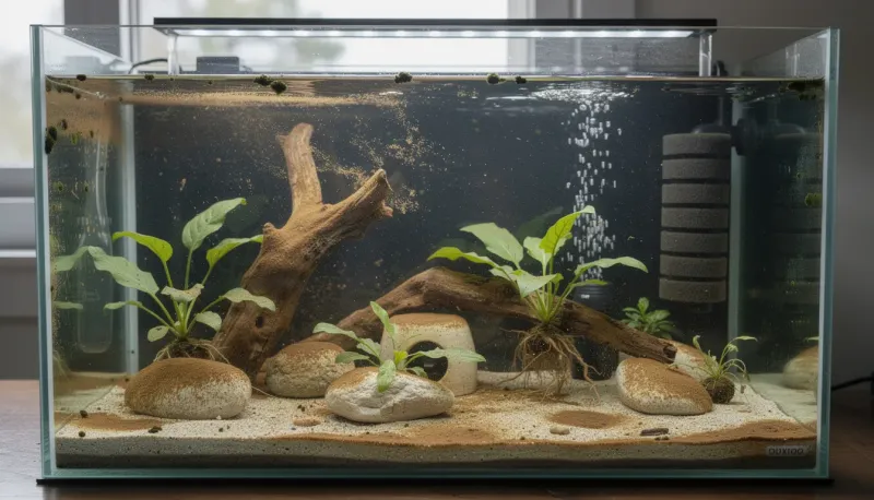 Neues Aquarium mit typischen Einfahrphase-Algen: brauner Kieselalgenbelag auf Steinen
