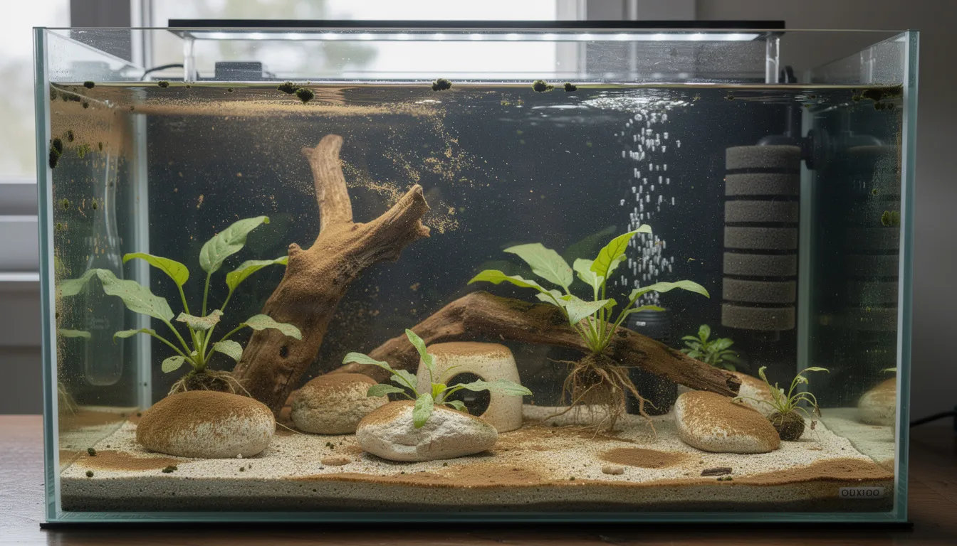 Neues Aquarium mit typischen Einfahrphase-Algen: brauner Kieselalgenbelag auf Steinen