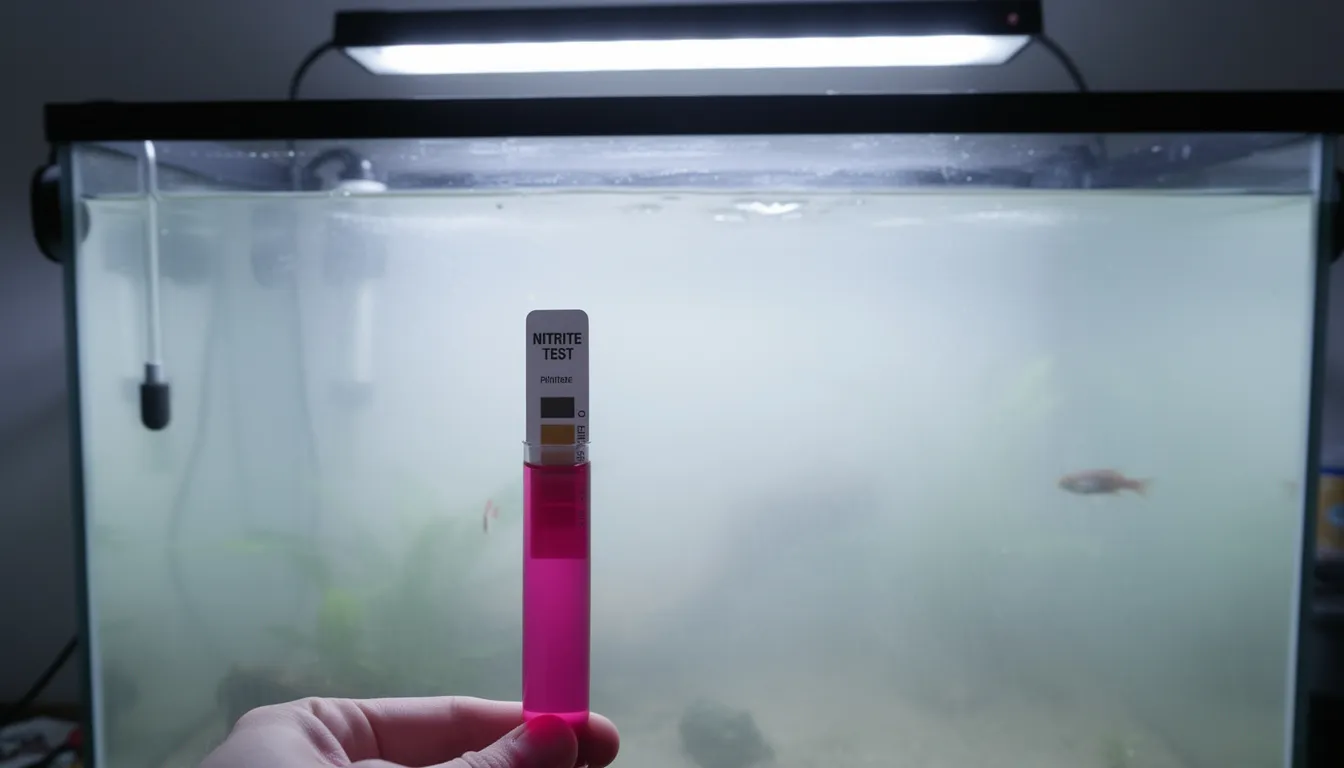 Bakterienblüte mit trübem Wasser und Nitrit-Teströhrchen mit hohem Wert