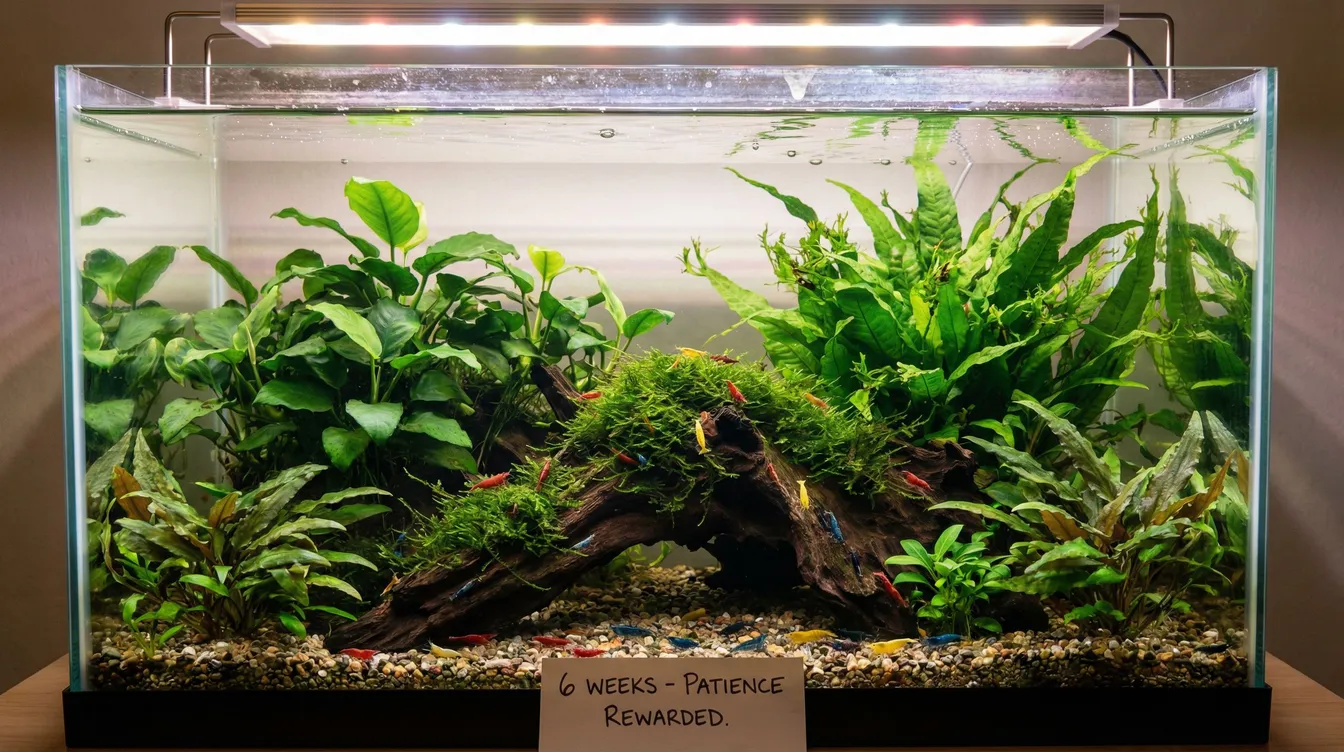 Fertig eingefahrenes Aquarium nach 6 Wochen mit gesunden Pflanzen und Garnelen