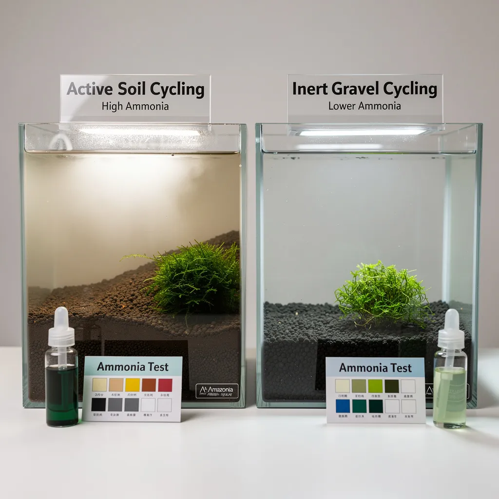 Bodengrund-Vergleich beim Einfahren: aktiver Soil mit trübem Wasser vs. inerter Kies mit klarerem Wasser