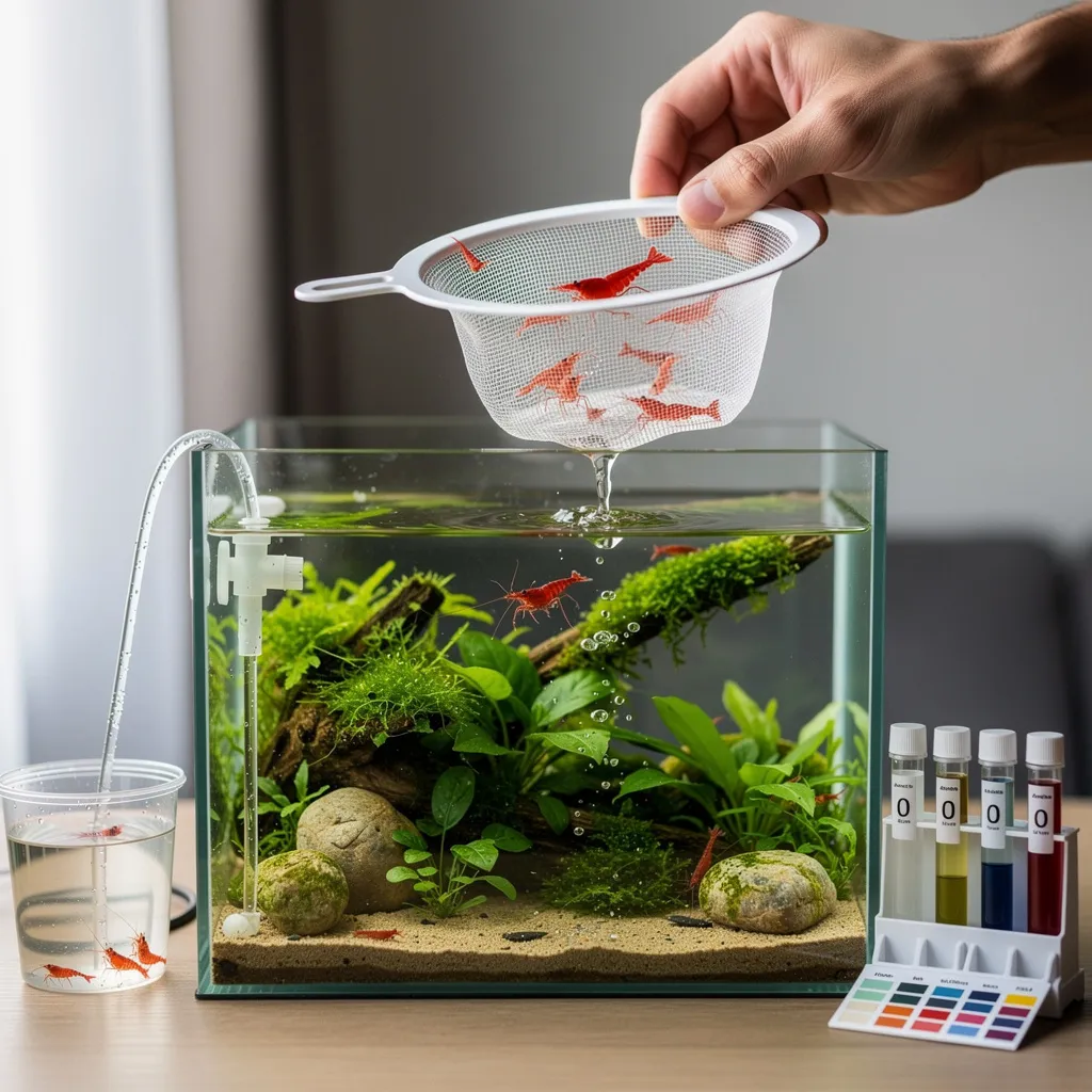 Erster Garnelenbesatz: Neocaridina werden vorsichtig in das fertig eingefahrene Becken eingesetzt