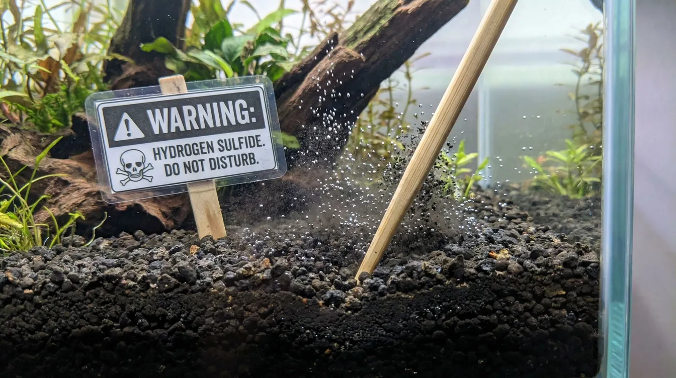 Anaerobe Zone im Bodengrund: schwarzes Substrat und aufsteigende Gasblasen