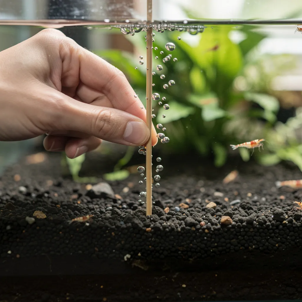 Gasblasen steigen aus dem Bodengrund auf: Test auf anaerobe Faulstellen