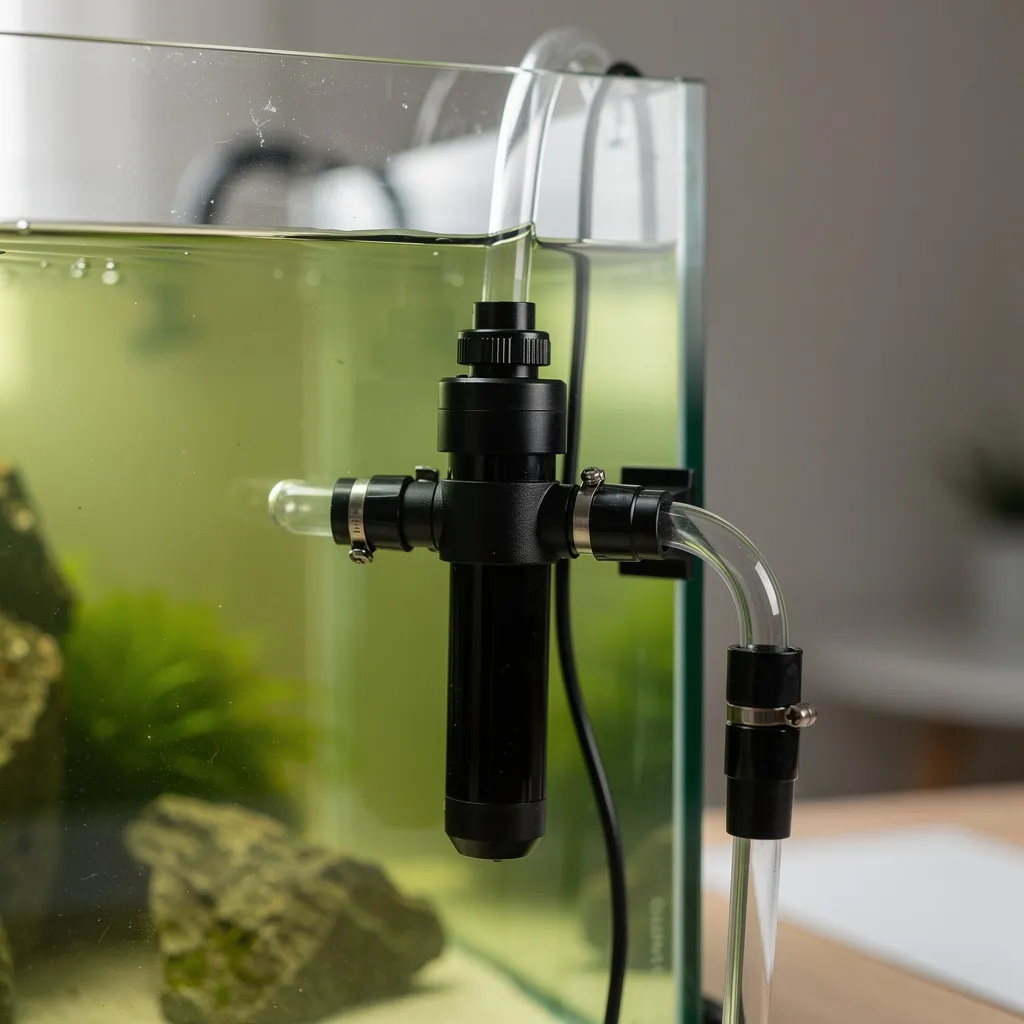 UV-Klärer am Filterkreislauf gegen grünes Wasser im Garnelenbecken