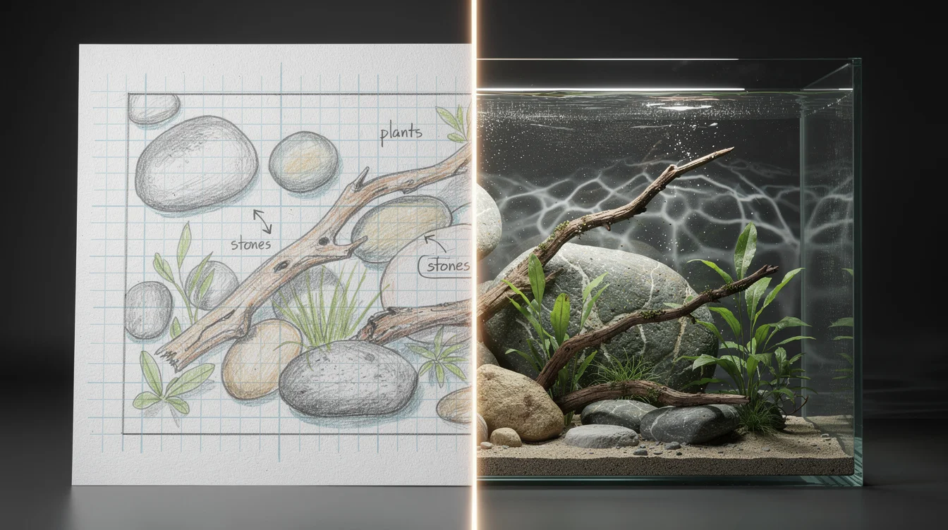 2D-Skizze vs. 3D-Vorschau: Vergleich zwischen flacher Layoutplanung und realistischer 3D-Darstellung eines Aquascapes