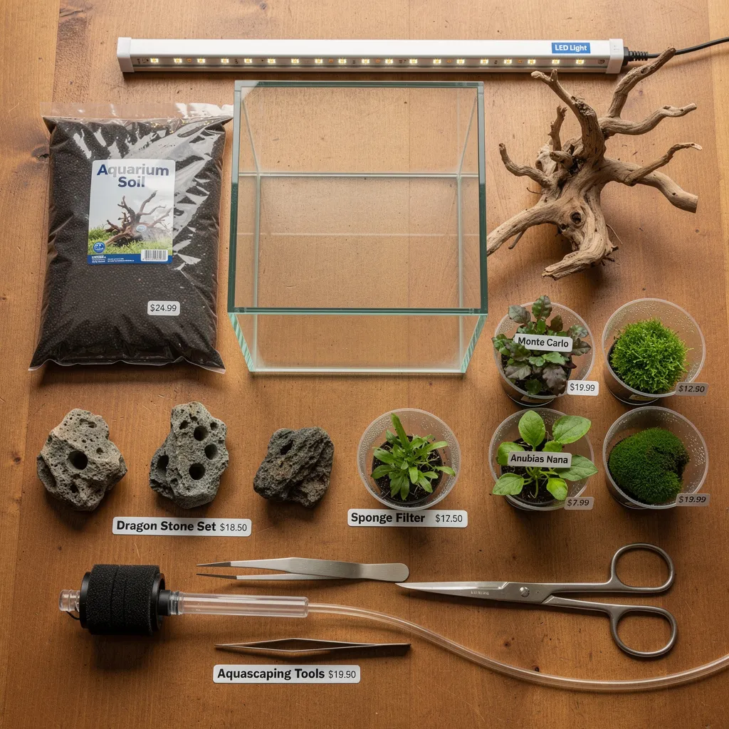 Aquascaping-Starterset auf dem Tisch: Nano-Cube, Soil, Steine, Pflanzen und Werkzeug