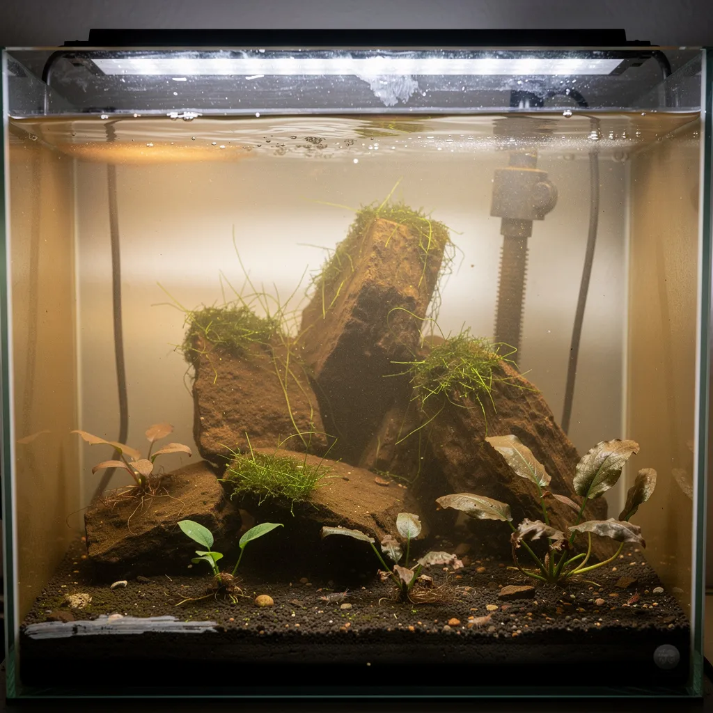 Garnelenbecken in der Einfahrphase: Kieselalgen und schmelzende Pflanzen in Woche 3