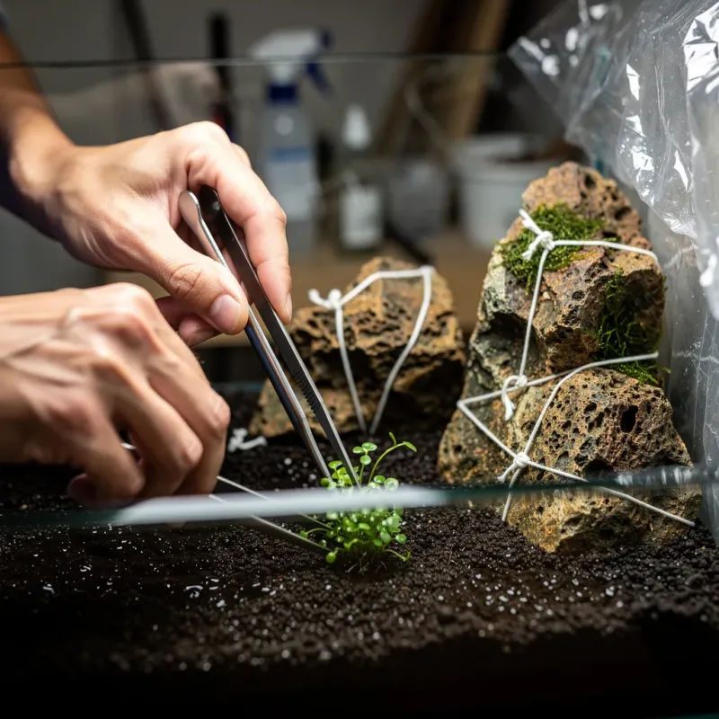 Pflanzen setzen mit Pinzette: Monte Carlo wird in feuchten Soil eines neuen Aquascapes gesteckt