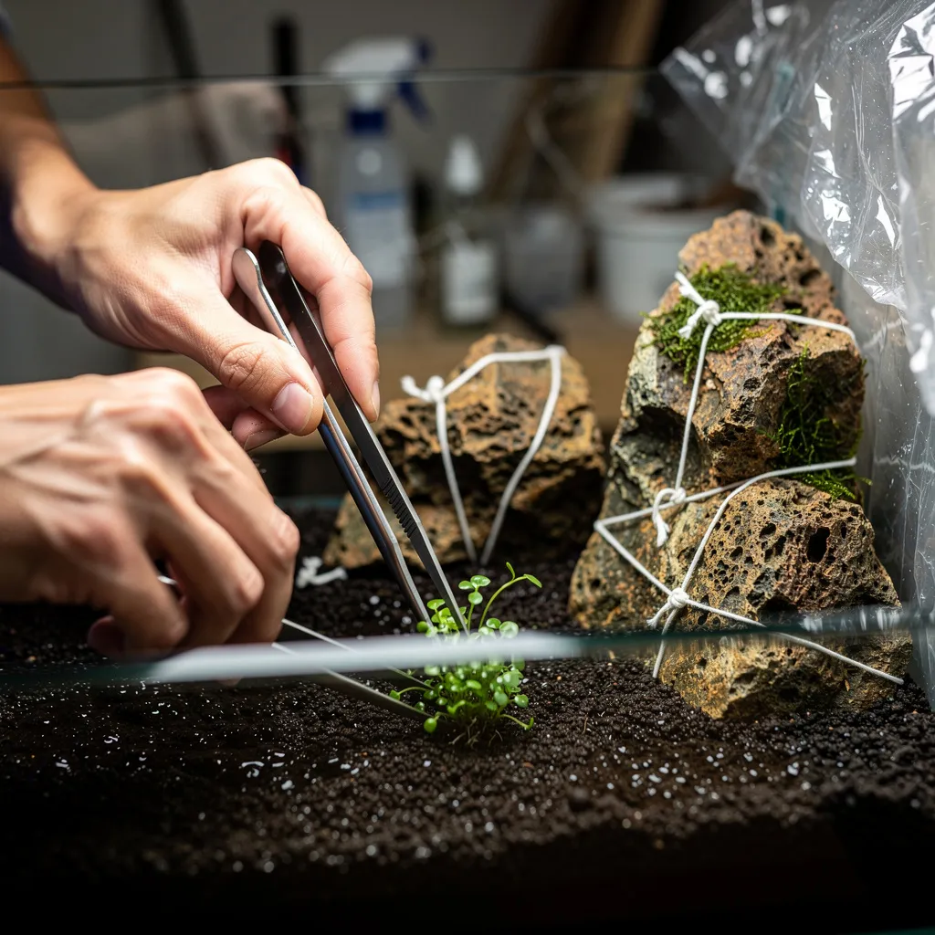 Pflanzen setzen mit Pinzette: Monte Carlo wird in feuchten Soil eines neuen Aquascapes gesteckt