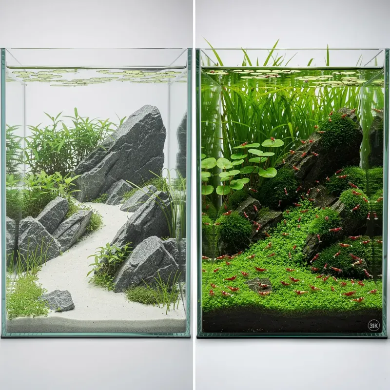 Vorher-nachher-Vergleich: Nano-Aquascape am Tag 1 und nach 3 Monaten vollständig eingewachsen