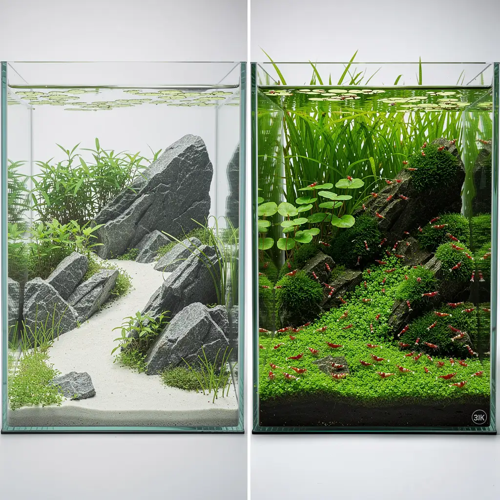 Vorher-nachher-Vergleich: Nano-Aquascape am Tag 1 und nach 3 Monaten vollständig eingewachsen