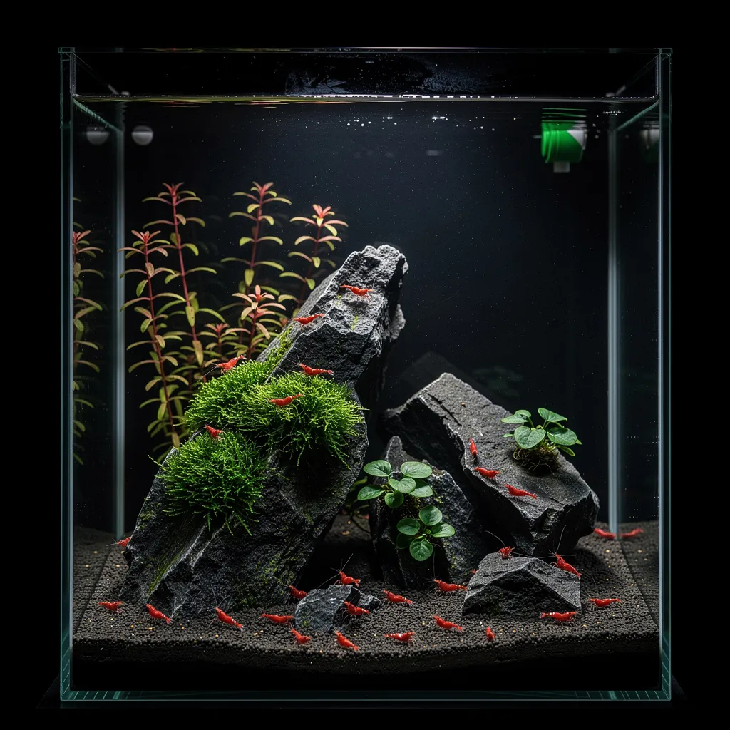 Einfaches dreieckiges Anfänger-Aquascape im 30-Liter-Cube mit Drachensteinen und Garnelen