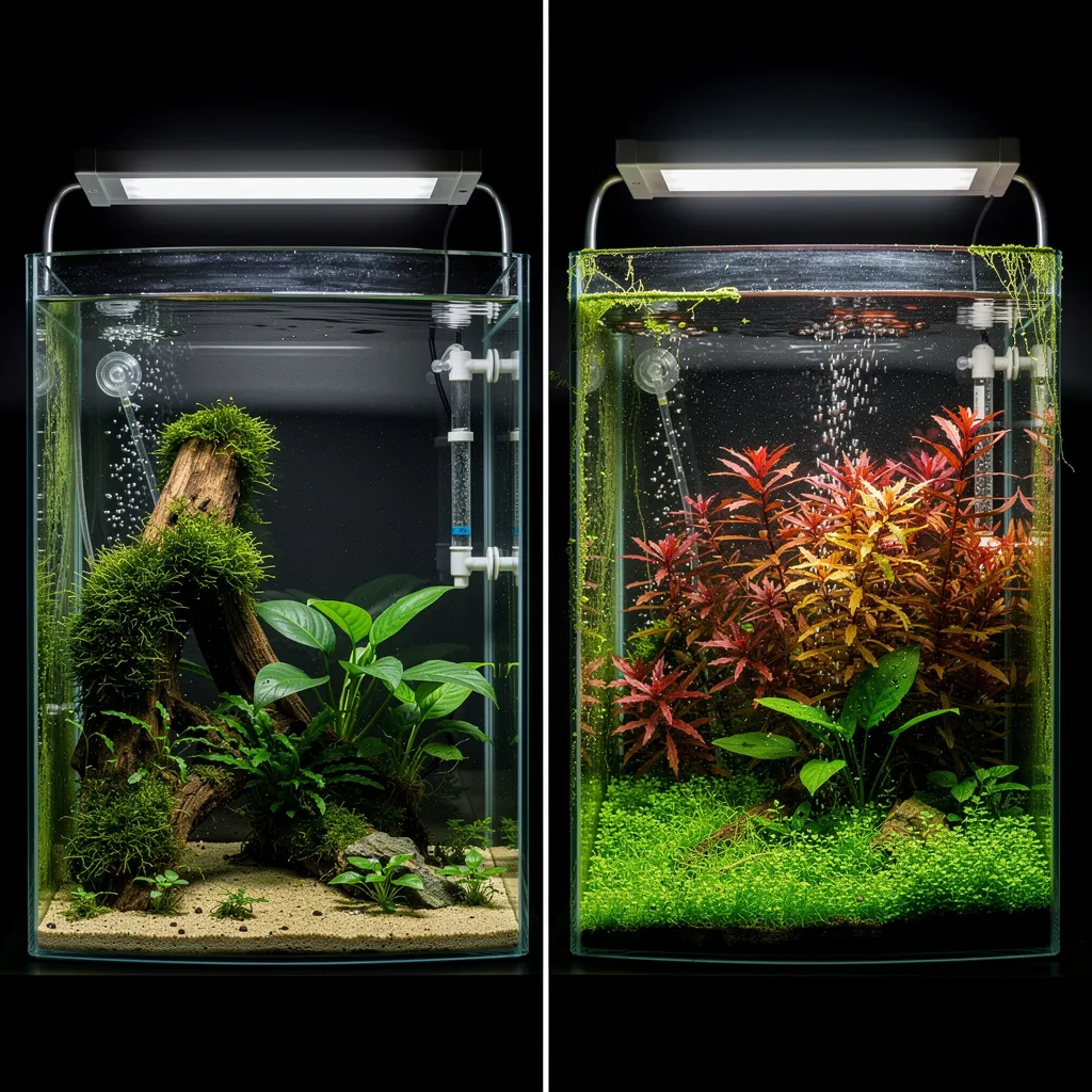 Lichtintensität im Vergleich: Low-Light mit gesundem Moos vs. High-Light mit schnellem Wachstum